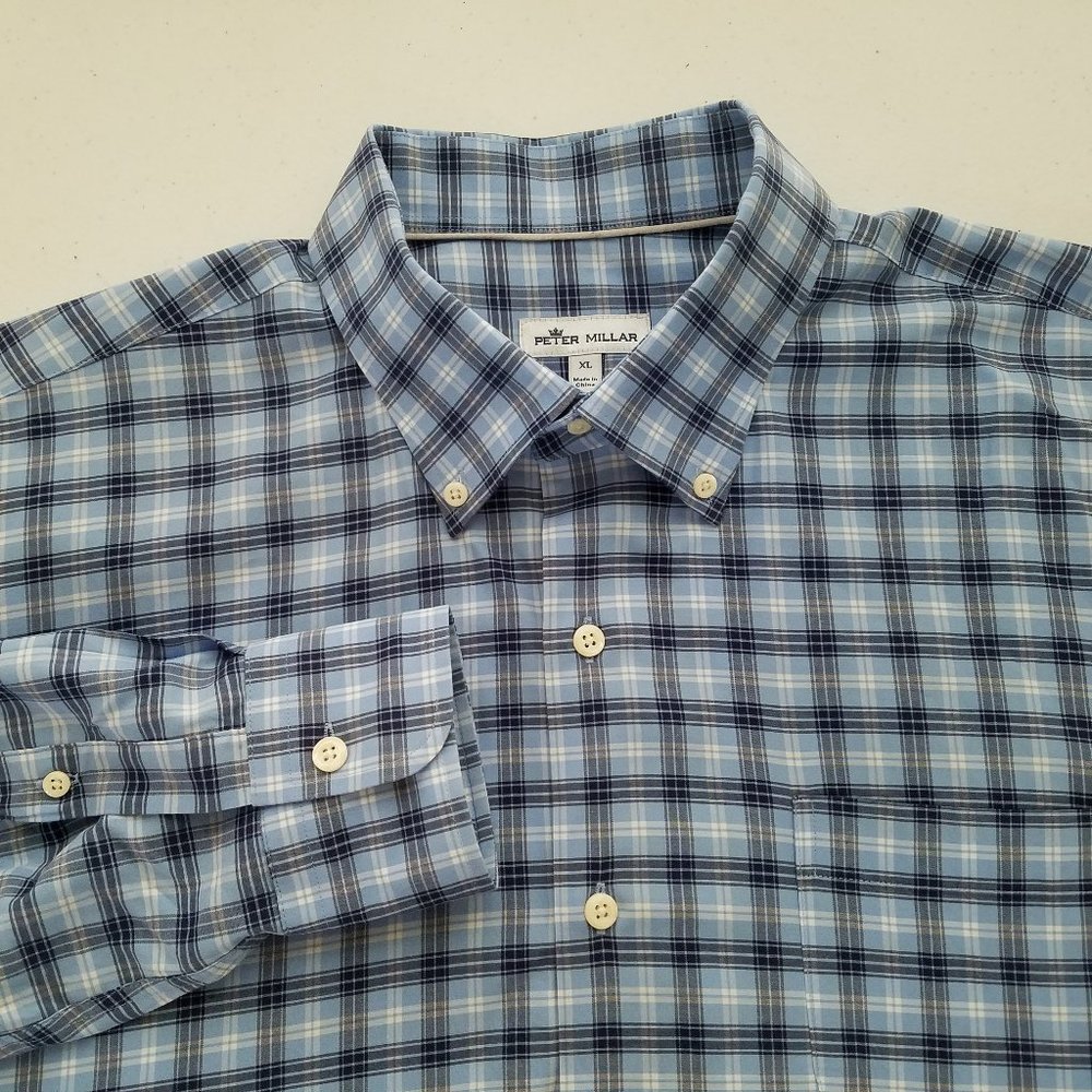 Peter Millar Mens Blue Plaid Button Front Long Sleeve Shirt Size XL‎